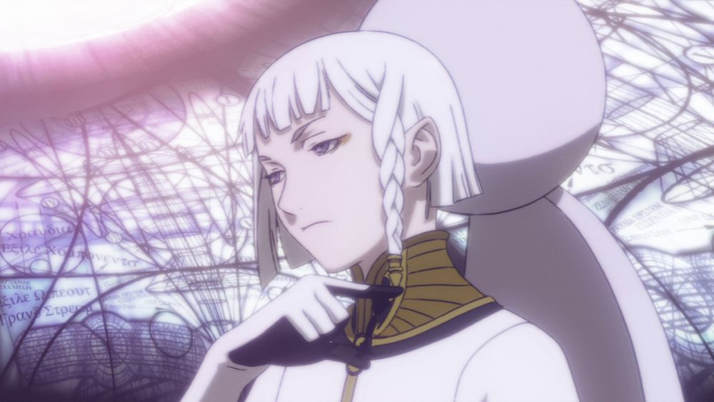 Dio with a slight frown, holding a chess piece while inside a large fantasy-scifi airship