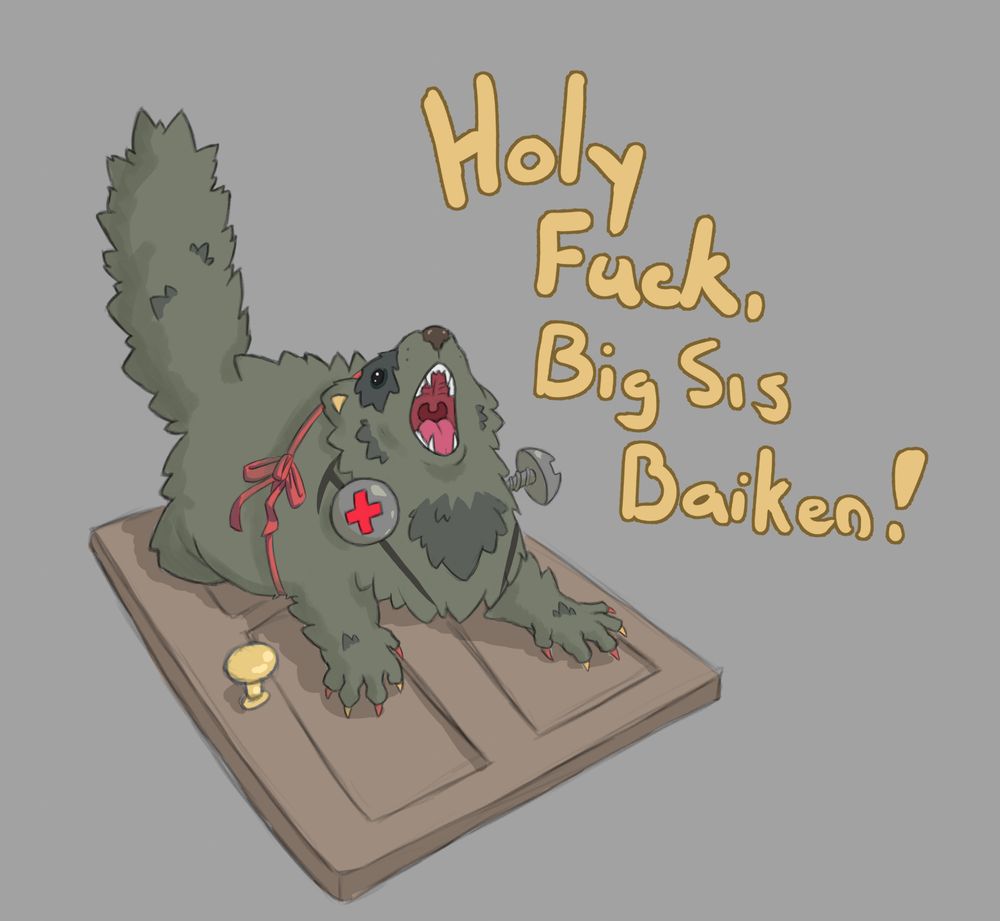 Ferret Delilah from Guilty Gear sans Bedman bed sprawled out on a door screaming like that one "HOLY FUCK, MOM" Candace meme