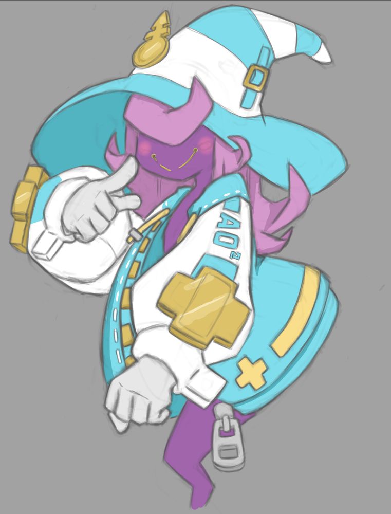 Vivian from Paper Mario wearing Bridgets jacket from Guilty Gear pointing up at her face with a smile