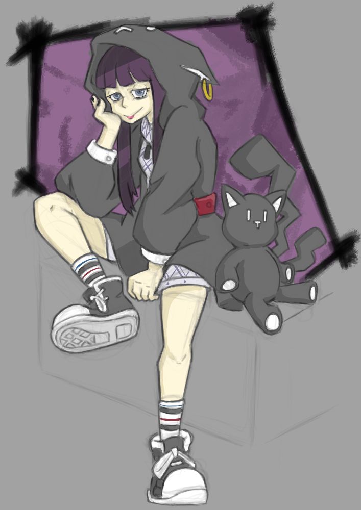 borked doodle of Shoka from Twewy in a sitting pose with foot up and arm resting on cheek with a Mr Mew plush next to her