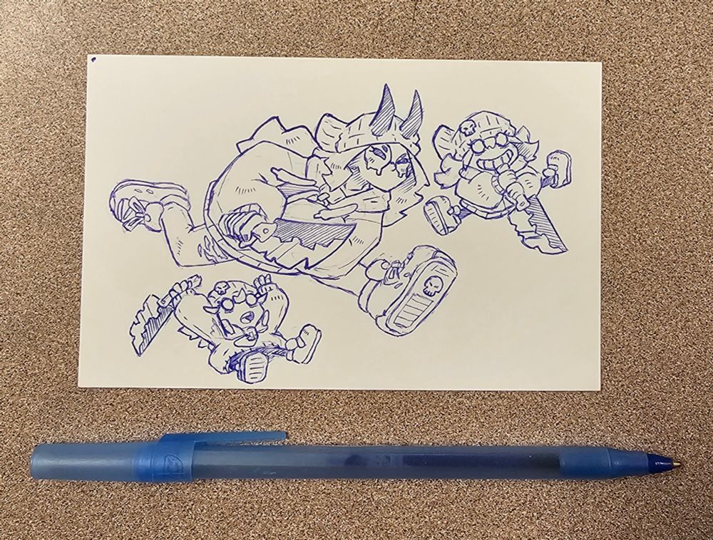 Ink running with a large knife pointed foward with two smaller Gremlin Inks falling with knives of their own