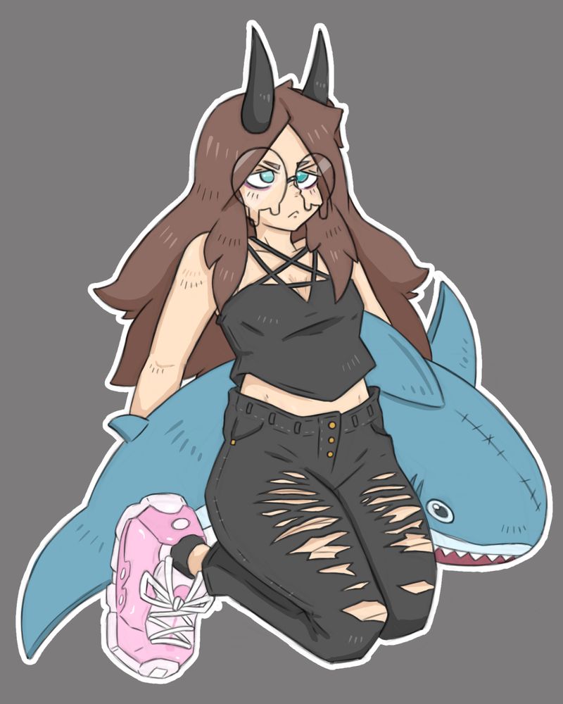 Ink floating, arms behind her back holding government designated ikea shark plush