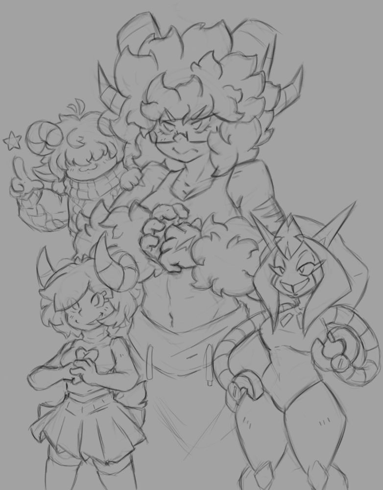 My OC Genevieve putting her fists together in the center with Woolly on her shoulder pointing up making a star, Faith in the bottom left mimicking Genevieve and WonderWaffle's Sheep clanking one hand together and the other on their hip
