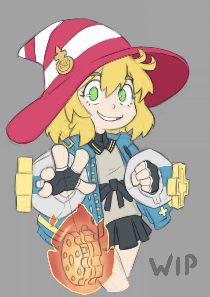 Bridget from Guilty Gear with Vivian hat from Paper Mario holding a yoyo out front on fire, text in bottom says wip (work in progress)