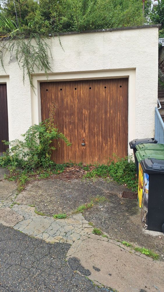 Eine mit Unkraut zugewachsene, offensichtlich nicht genutzte Garage in Stuttgart