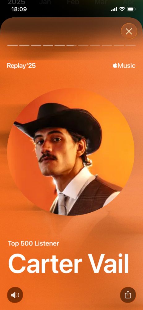 Apple Music replay 2025 screenshot showing ‘Top 500 listener Carter Vail’