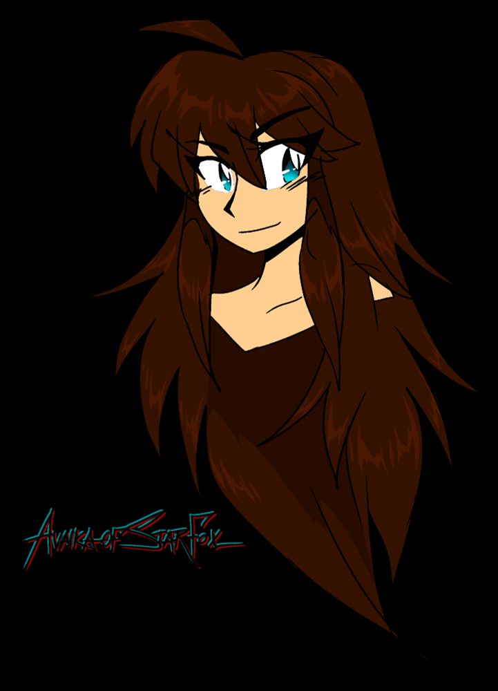 A bust shot (cut off at roughly the shoulders) of a blue-eyed brunette with somewhat-messy (or at least slightly floofy) long hair (unaffected by the drawn cutoff). She smiles gently, and gazes off to the side a bit... perhaps in her own little world (expression-wise).

In the lower left corner is my full username on many platforms, "AvaikaofStarfox"