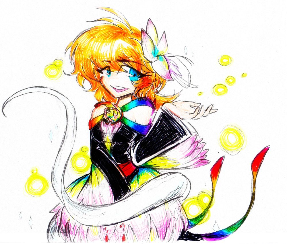 A fluffy, noseless space-alien with a white, reptile-esque tail, light-hued fur, sky blue eyes, and short, flame-orange hair. She smiles at the viewer gently. She's wearing a pastel-colored flower in her hair, and a flower-inspired outfit with the skirt, modesty panel, and sleeves in similar colors. The top of the dress, so-to-speak, is black, and adorned in darker rainbow motifs at the shoulders and the swallowtail-like shapes of cloth peeking out from behind her. One hand is relaxed at her front, while the other is raised and upturned, as if to help her explain something important and meaningful. Although the background is white, there are firefly-like glows surrounding her. 

And although this piece doesn't contain any writing, I just want to say that if you're reading this... Happy Autism Acceptance Day. ~<3 