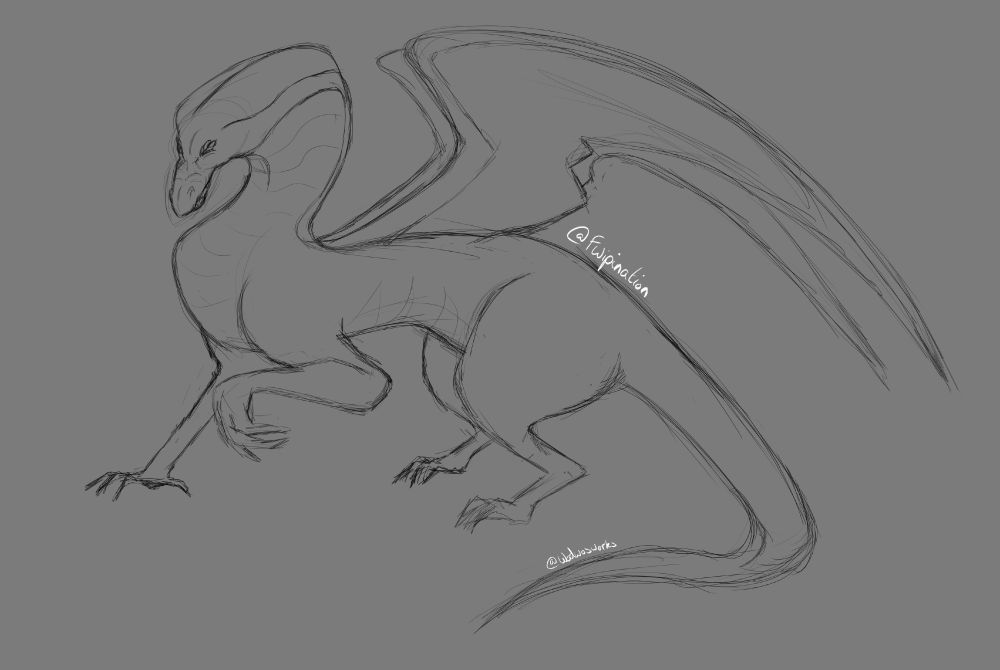 A sketch of a character belonging to Fwipination. It is a full body sketch of a dragon leaning away from something, looking disgusted.