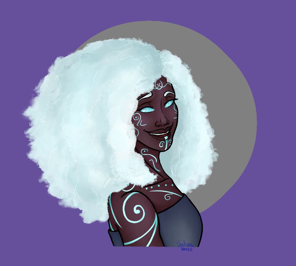 A portrait of a black woman with a white afro facing the viewer. She has blue-white lines in her hair like lightening, and similiarly coloured swirls and dots across her skin that glow slightly. She is smiling and has a brow half raised, her eyes are solid blue with white cloud-like swirls. 