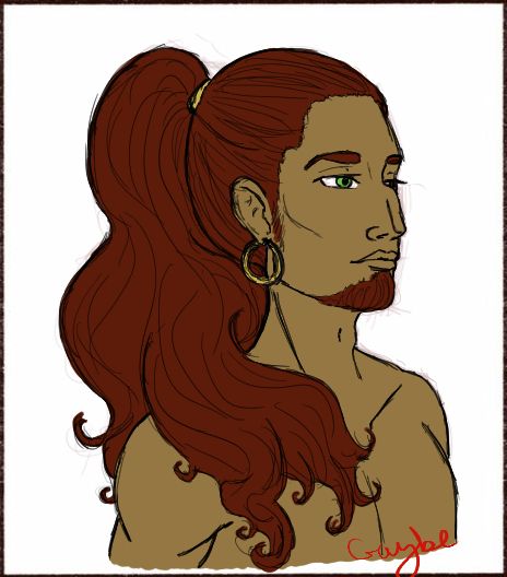 a portrait of Nabiah. He is a tan-skinned human man, with red hair and a short chin beard. His right eye is green and his left is brown. his nose is hooked with a low bridge.