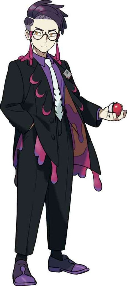 Corbeau, boss of the rust syndicate. The newly revealed likely villain of legends ZA . 
Asian man with purple hair undercut in large fitting suit, purple sludge dripping accents. Purple drip off his round glasses , purple formal wear dress shoes and normal pokeball in hand. 