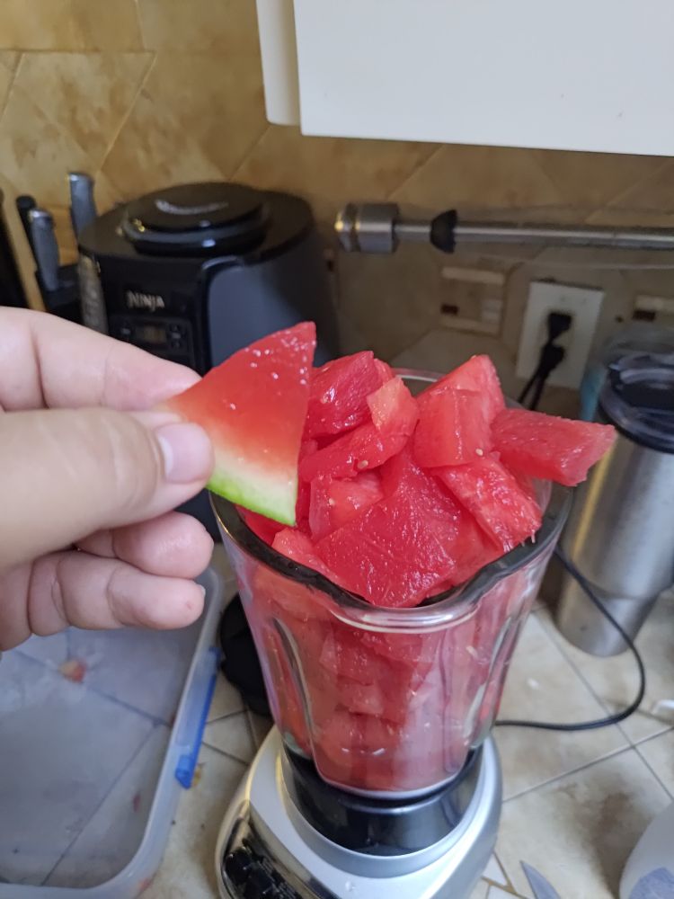 A picture of a miniature watermelon slice in front of a blender full of watermelon flesh 