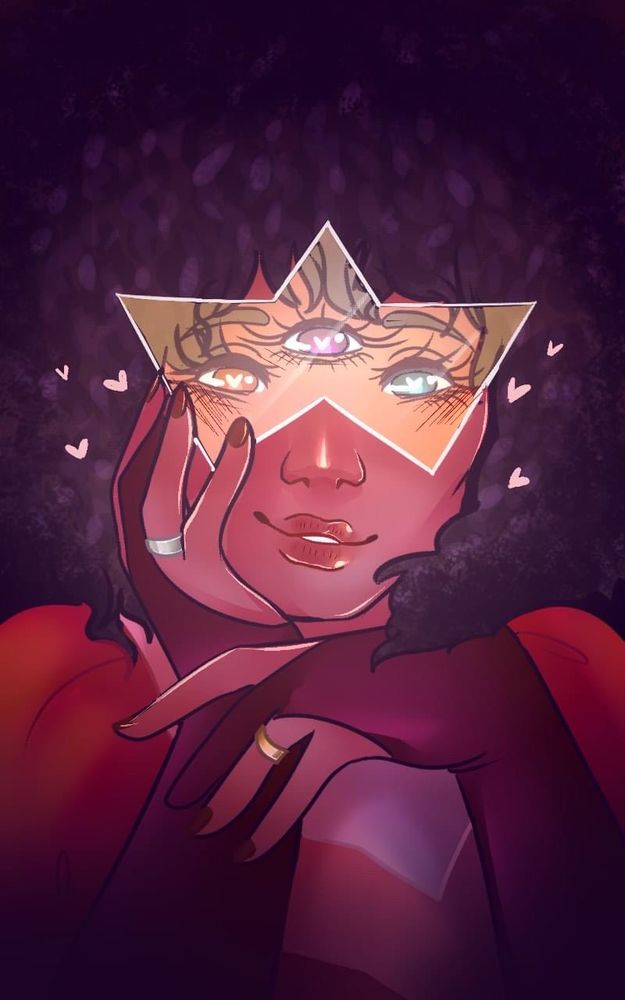 A drawing of Garnet from Steven Universe, she has a lopsided smile and is wearing a wedding band on each hand (Left: Silver, Right: Gold), she has one hand on her check and hearts in her eyes and surround her face