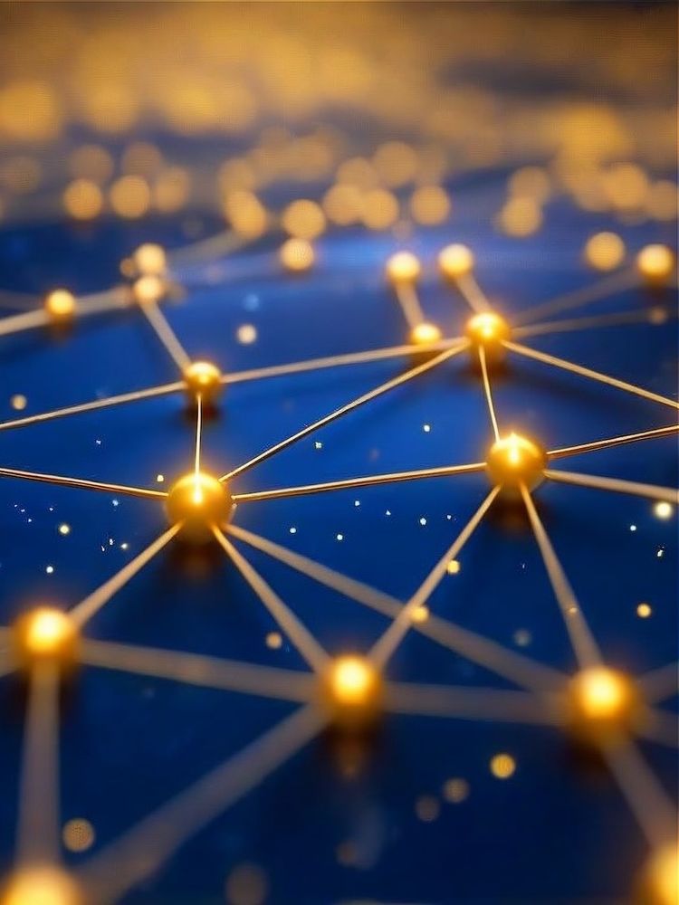 Abstract network visualization with glowing golden nodes connected by luminous lines against a deep blue background, representing interconnected systems and data flow.