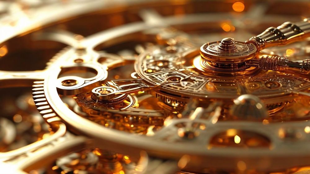 Close-up of an intricate mechanical watch movement with golden gears, springs, and components illuminated by warm ambient lighting.