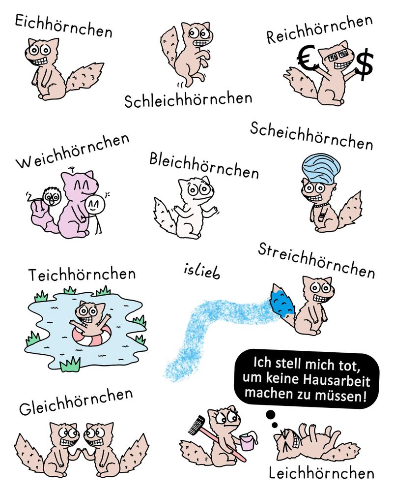 Eichhörnchen-Collage, bestehend aus Eichhörnchen, Schleichhörnchen, Reichhörnchen, Weichhörnchen, Bleichhörnchen, Scheichhörnchen, Teichhörnchen, Streichhörnchen, zwei Gleichhörnchen und einem Leichhörnchen, das sich tot stellt, um keine Hausarbeit machen zu müssen.
