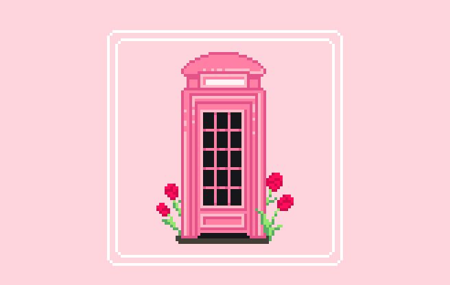 pixel art pink telephone booth with roses on the side