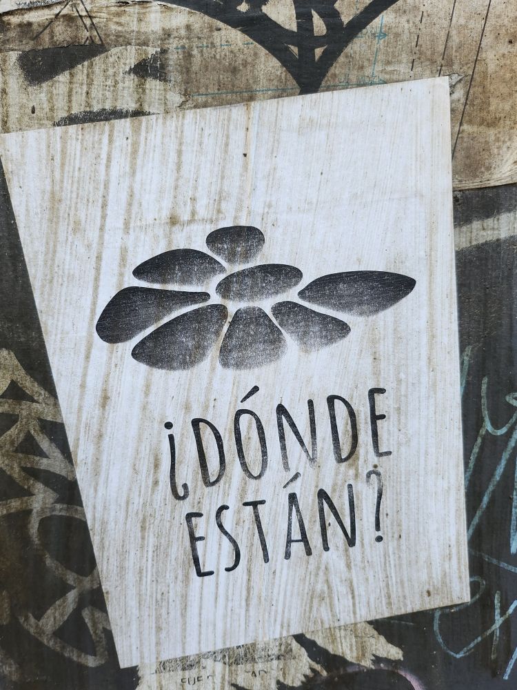 A stylized graphic of a flower missing two petals with text that translates as "Where are they?"