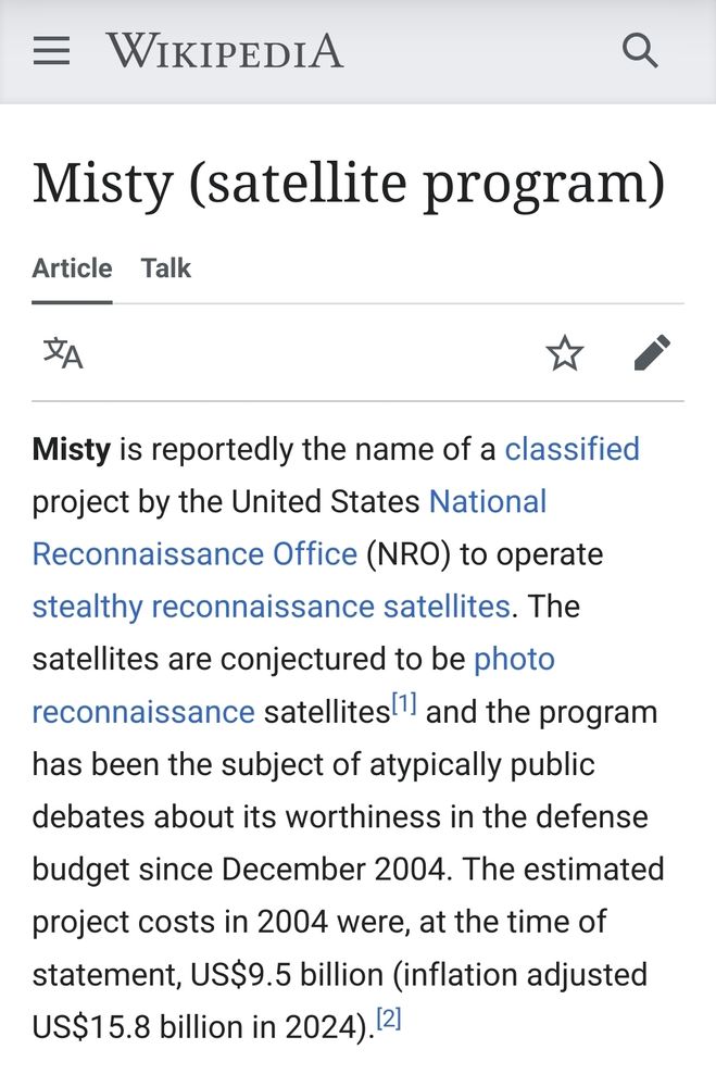 Wikipedia page for a US spy satellite program called "Misty"
