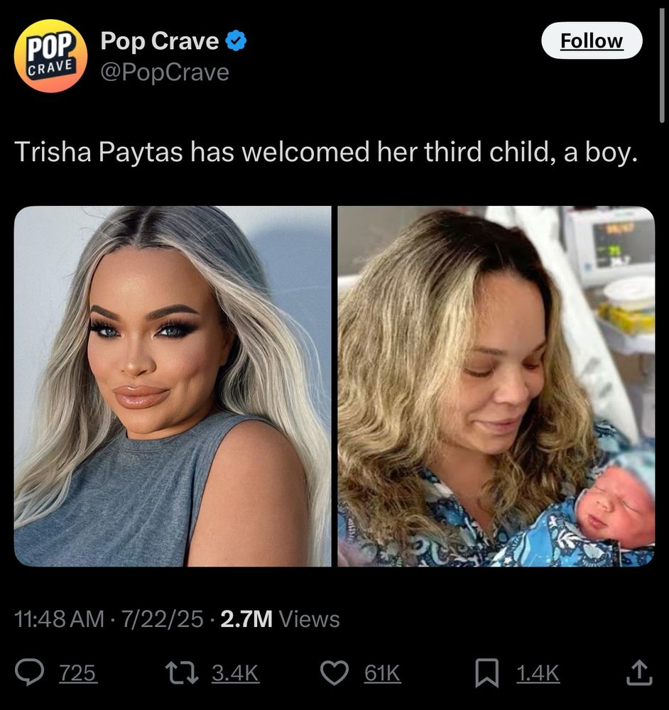 Trisha Paytas has welcomed her third child, a boy.