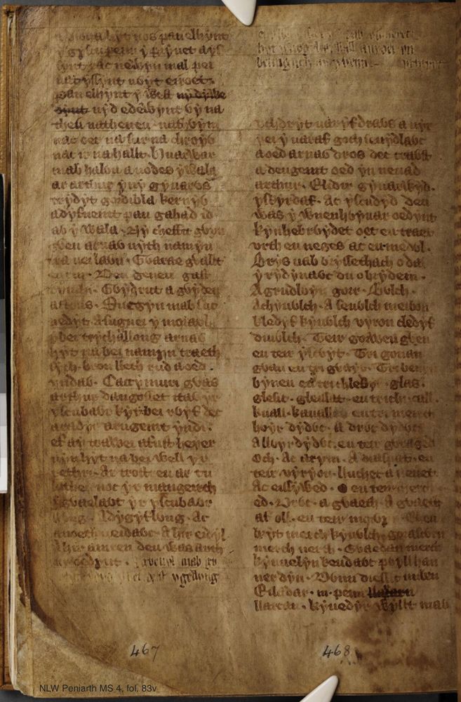 NLW Peniarth MS 4, fol. 83v. Two columns of text in Middle Welsh are visible on the page. A gap, partially infilled, extends from the bottom of the left column to the upper part of the right column.