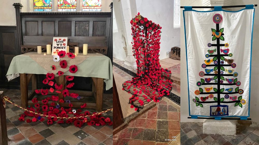 Poppy decorations and a nativity christmas tree quilt made by the Yarburgh team from craft supplies bought with the prize money