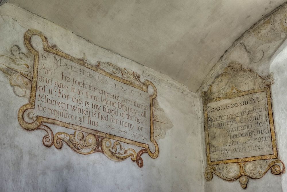 Post-reformation wall paintings of Bible verses on the walls of All Saints, Leigh, Wiltshire 
