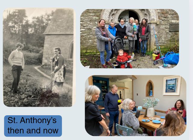A powerpoint slide with light blue backdrop and a black and white image of two women gardening outside of St. Anthony's in the 1950s on the left alongside a dark blue box with black writing spelling "St. Anthony's then and now", and two pictures of the current volunteers, including a toddler, on the right. 