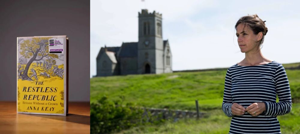 Image of the cover of Anna Keay's book 'The Restless Republic' on the left and image of the author outside a historic church on the right (c) Anna Keay