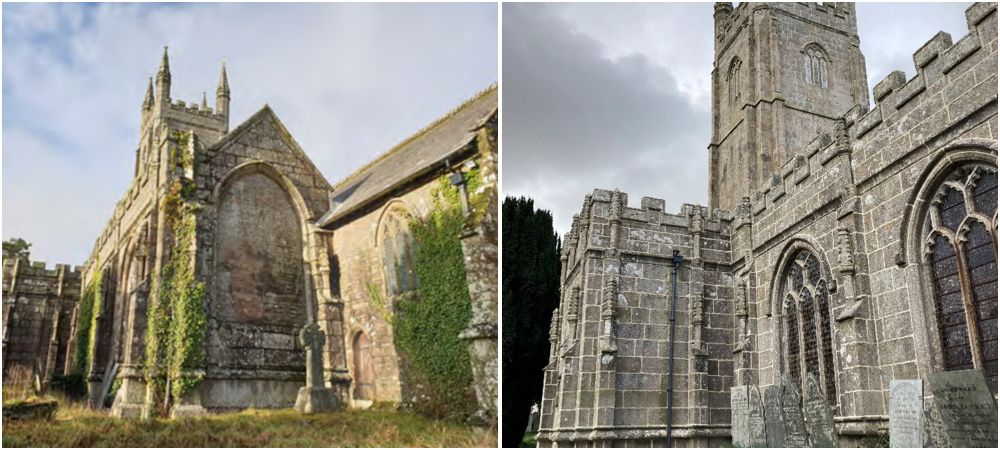 A before and after image of St. Torney's, showing on the left a church overgrown with ivy before conservation work and on the right a church without ivy, cleaner and healthier looking than on the left, after conservation work.