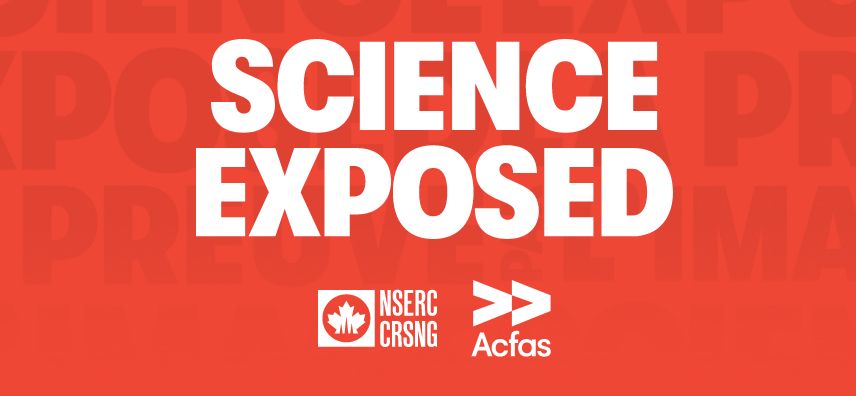 Science Exposed logo. White text on bright read background. 