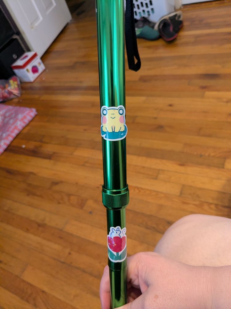 The green metallic shaft of a walking cane is shown, with a small sticker of a yellow frog sitting on a blue-greenish lily pad, and a second sticker of a red flower with a small mouse sitting atop it.