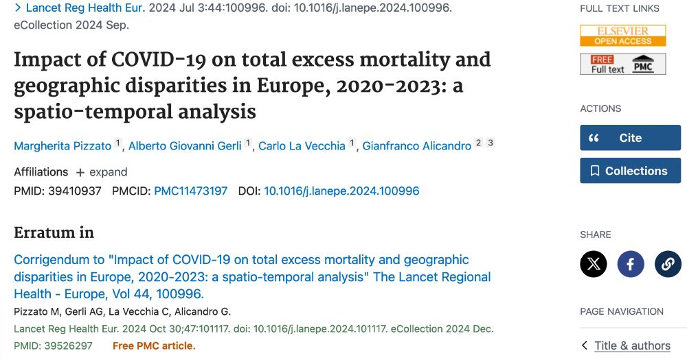 Pizzato et al, Impact of Covid-19 on total excess mortality in Europe, 2020-2023," Lancet Regional Health Europe July 2024.