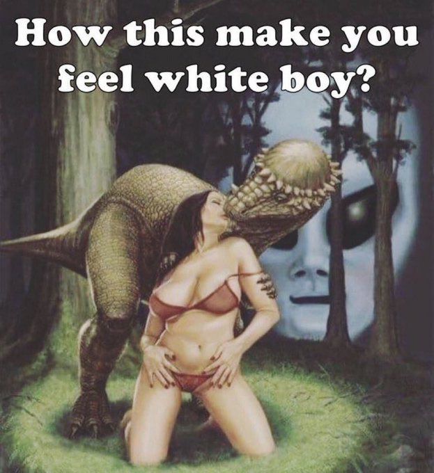 Pachycephalosaurus kissing Stone Age style babe while grey alien looks on in background, approvingly 