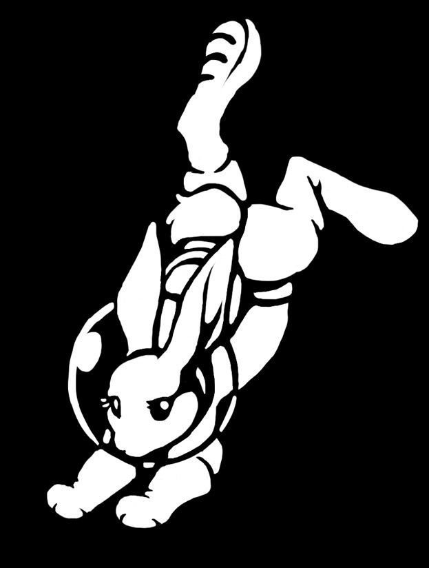 Bunny in an astronaut suit reaching towards bottom left