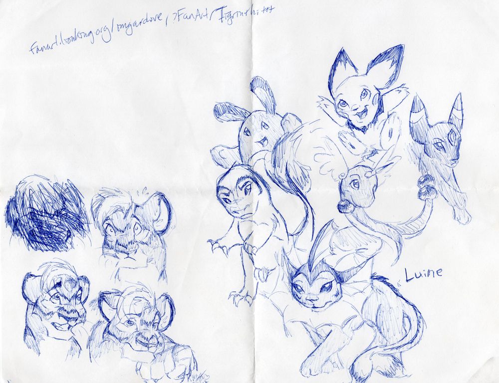 Some sketches of a lion character and Pokemon from probably around 2001... I am impressed I apparently memorized the URL for my TLKFAA archive?