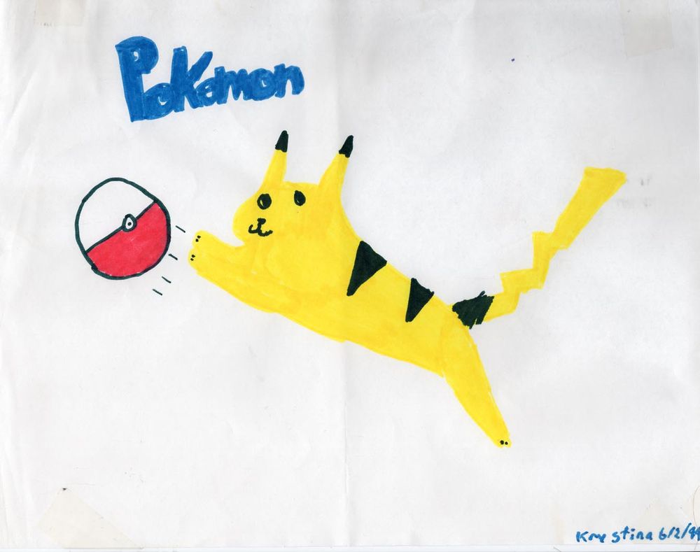 1999 marker drawing of Pikachu chasing a Pokeball with the Pokemon title next to him. 