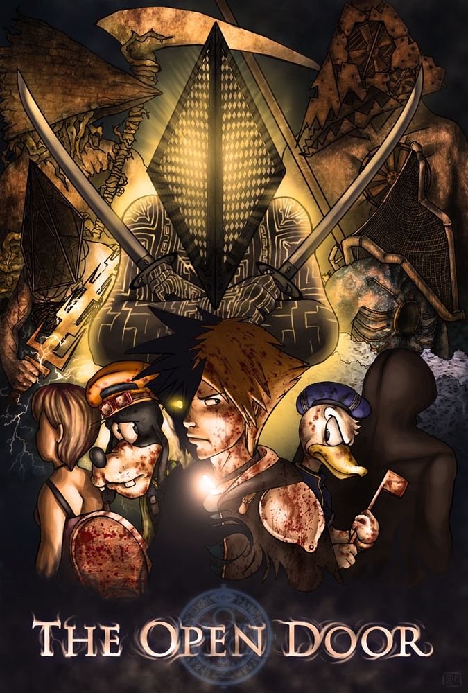 A fake movie poster of Sora, Donald, and Goofy splattered with blood, flanked by two figures facing away from the camera. There are five Pyramid Head monsters above them. Text at the bottom says The Open Door with a blue sigil behind it. 