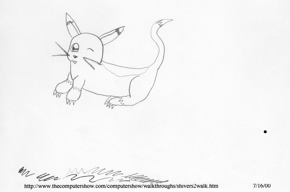 A simple sketch of a cartoon cat winking with two whiskers on either side of its face, long ears with pointed markings at the end, a big splotch on its back, splotches on its paws, a splotch on the end of its tail, and prominent claws, three on each paw. There's a date in the lower right of 7/16/00, and the URL at the bottom is for a walkthrough for Shivers 2. There's a bunch of squiggly lines where I was testing a ballpoint pen but the drawing is in pencil.
