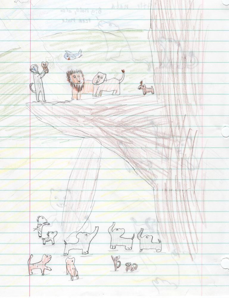 Child's colored pencil drawing of a scene from The Lion King of Simba and Nala and the presentation of their cub by Rafiki on Pride Rock while animals cheer below and Timon and Pumbaa look on