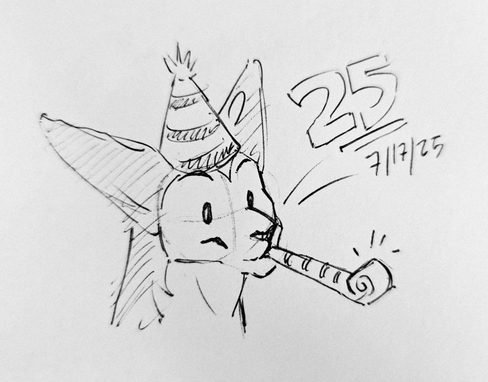 Tigrin wearing a party hat and blowing a party horn with the numbers 25 and today's date, 7/17/25
