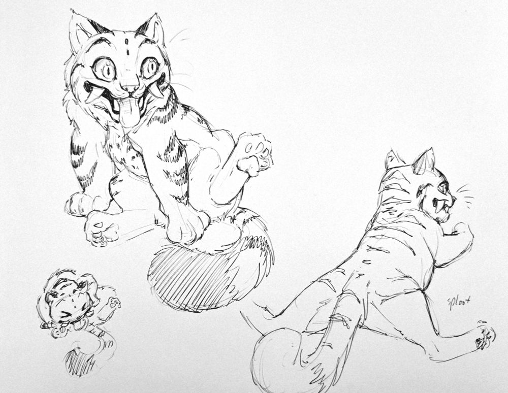 Derpy the demon tiger from K-Pop Demon Hunters licking his butt and doing a sploot pose (butt flat legs out) 