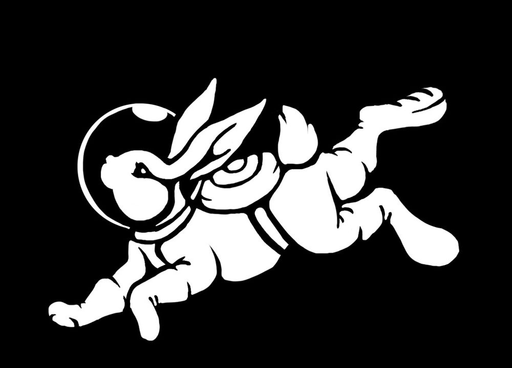 Bunny in an astronaut suit leaping to the left