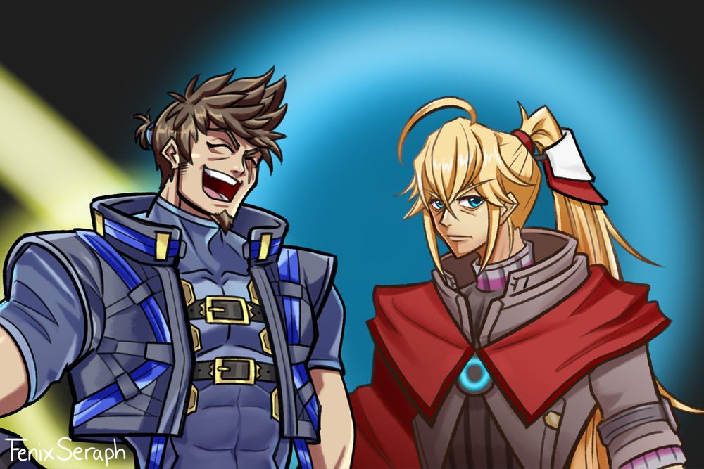 Rex and Shulk from Xenoblade Future Redeemed with their hair styled in the same fashion as Sol Badguy and Ky Kiske from the Guilty Gear franchise, since they have similar aesthetics (hair, body type, personalities) but with the colors reversed. 

Rex is laughing exuberantly, but since his spiky hair is still short, he has it up in a tiny ponytail. Shulk is looking serious, with his long and beautiful hair tied up in a ponytail and hair guard similar to Ky's Xrd design.