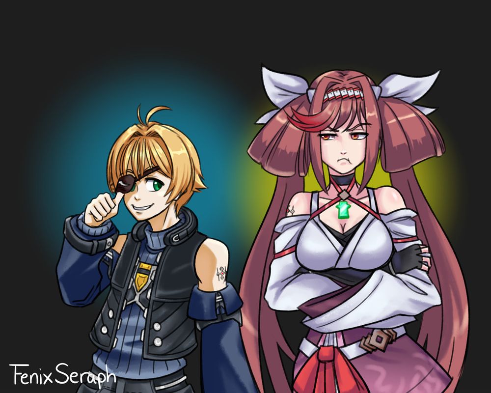 Nikol and Glimmer from Xenoblade Future Redeemed with elements from Sin Kiske and Dizzy since they are the children of Shulk-Ky and Rex-Sol respectively. Nikol is smiling and wearing Sin's eyepatch, which he is lifting up slightly. Glimmer is pouting with her arms crossed as her long hair is styled into two giant ringlets and twintails much like Dizzy's from Xrd.