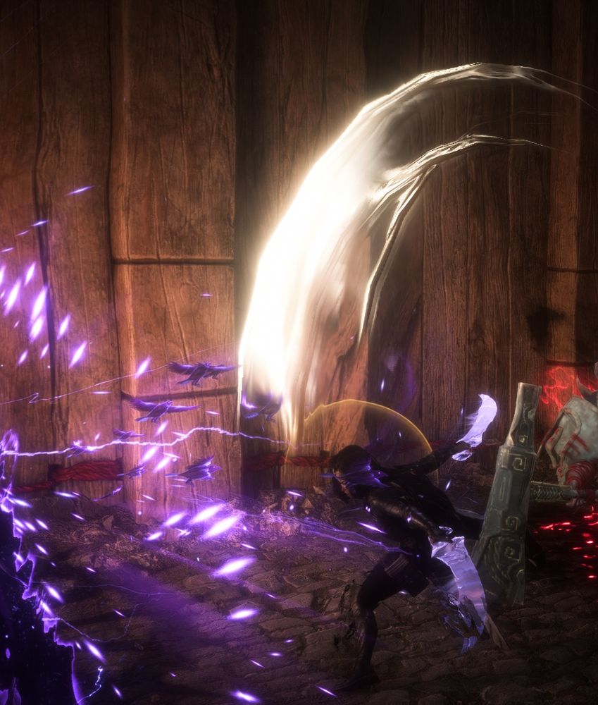 Action shot of woman in black leather armor doing a lightning attack using double blades 