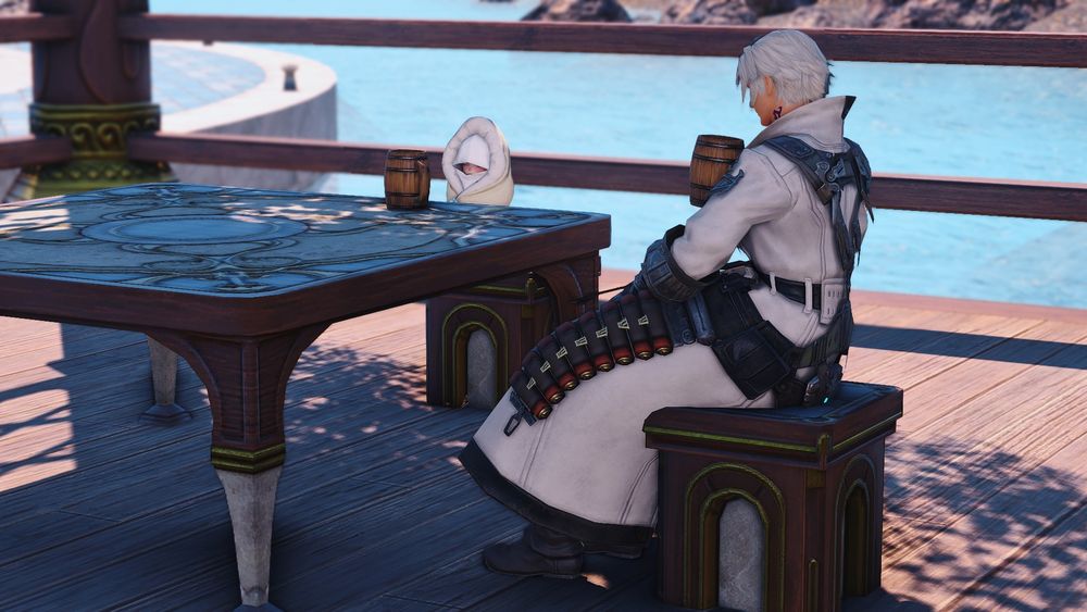 Thancred having a beer with a baby