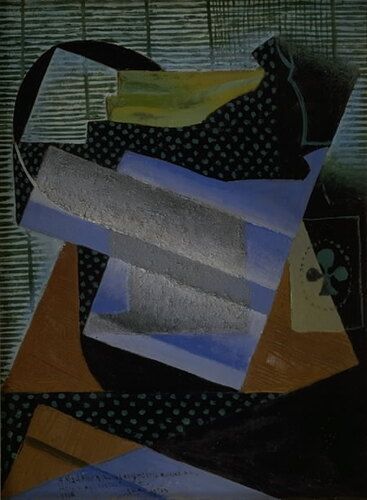 This painting by Juan Gris is a striking example of Synthetic Cubism, featuring layered geometric forms that evoke elements of a still life. Gris uses a muted palette of blues, greens, and browns, combined with bold patterns, to create a sense of depth and complexity within the abstract composition.