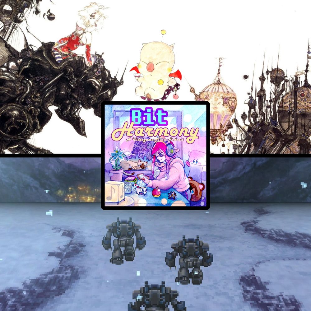 Promotional artwork for the Final Fantasy VI episode of Bit Harmony: A Videogame Music Podcast. The podcast's cover artwork is in the center of the image and is dividing the larger image into two halves. The top half features the main artwork of Final Fantasy VI with Mog in there for good measure. The bottom half features a screenshot of the game's iconic opening sequence.
